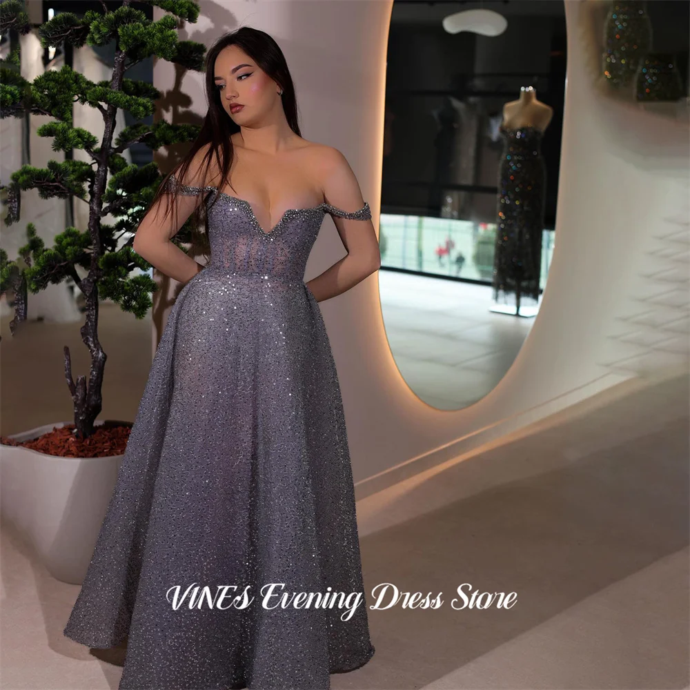 

VINES Grey Glitter 프롬 드레 Luxury Off the Shoulder Prom Gown A Line Evening Dress Floor Length Formal Dresses Customized