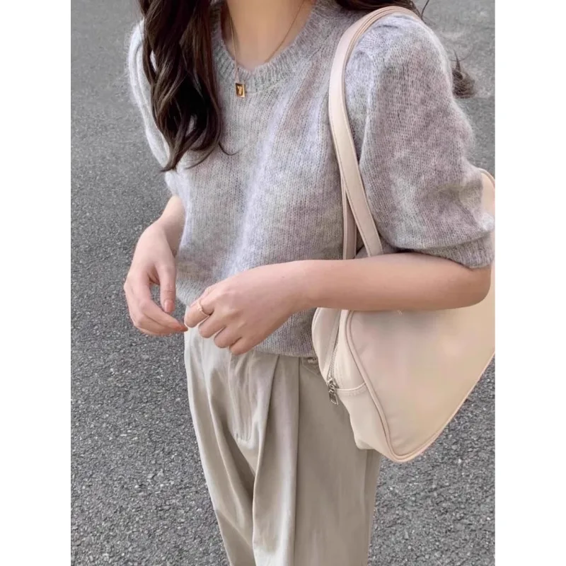 100 czysty kaszmir, dzianinowy kardigan z krótkim rękawem, damski T-shirt z okrągłym dekoltem i krótkim półrękawem