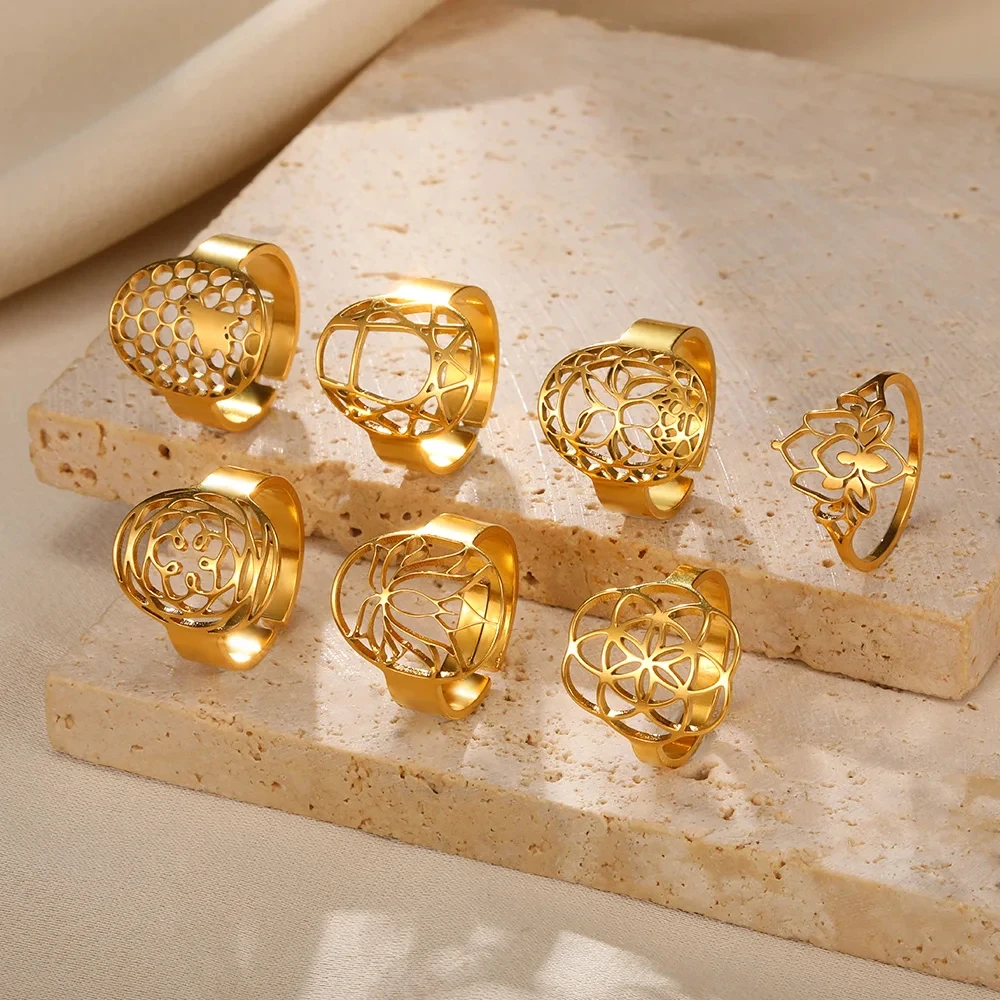 

Lotus Flower Stainless Steel Ring For Women Gold Color Hollow Out Aesthetic Ring Fashion Wedding Engagement Jewelry Gift