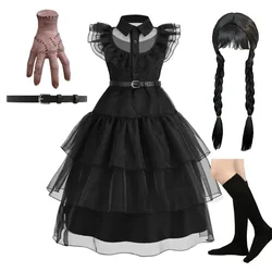 Girls Princess Dress Children Addams Party Layered Disguise Kids Cosplay Halloween Fantasy Wednesday Dancing Costume 4-12 Years