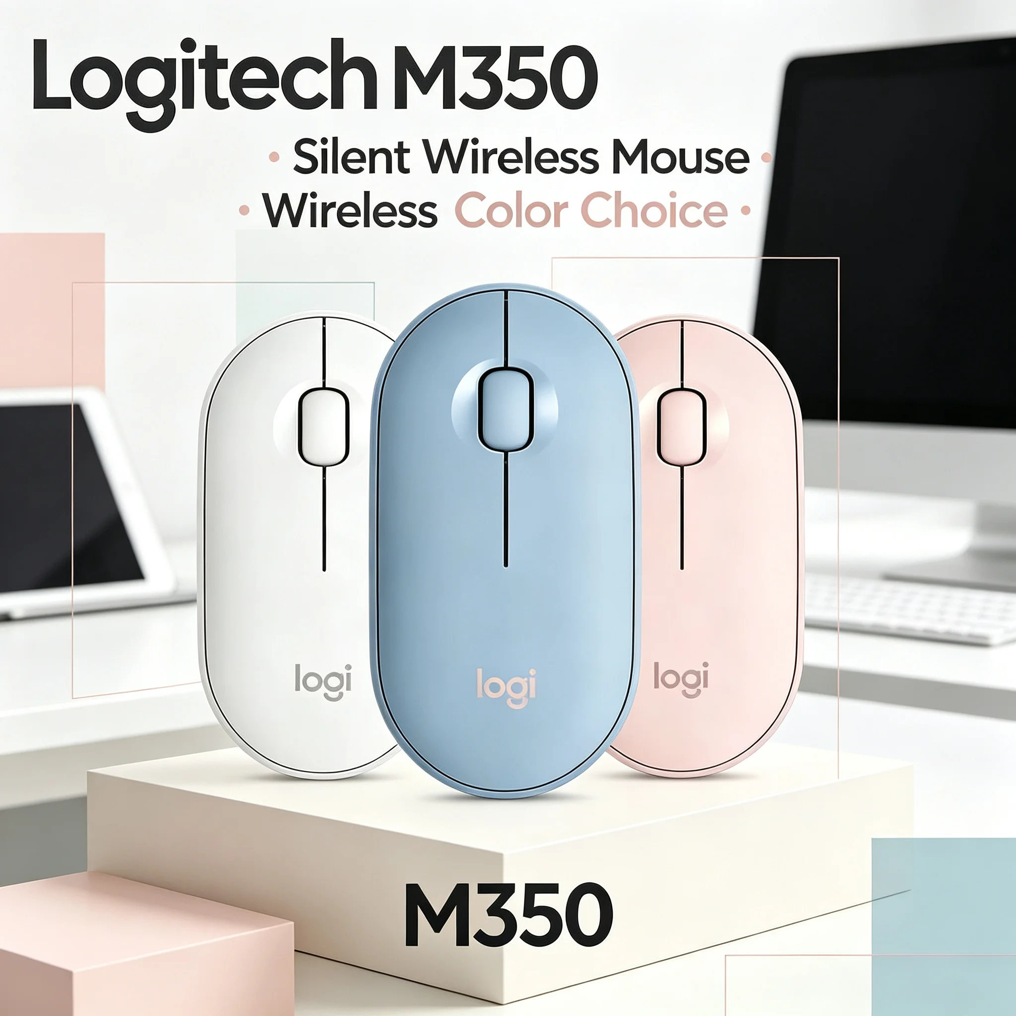 Logitech M350 Pebble Silent Wireless Mouse Pastel Color Slim Mice For Mac Desktop
