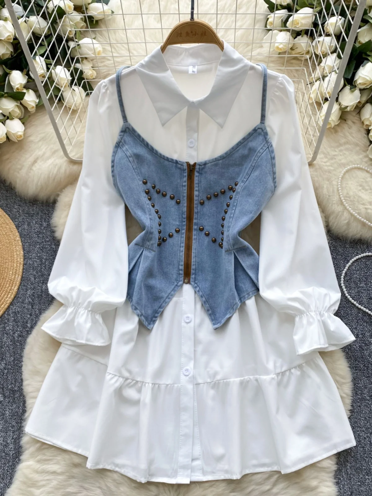

Women's Gentle Unique Waist-Cinching Single-Button Long Sleeve Denim Shirt Dress with Strap Vest Autumn Fashion Ensemble