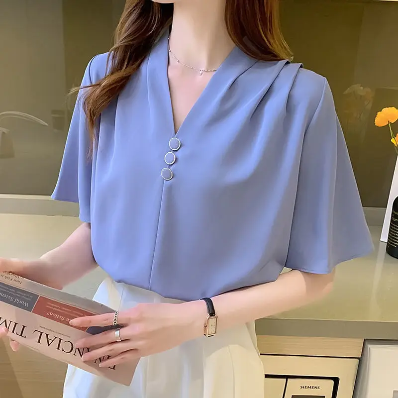 Temperament Chiffon Shirt Tops Summer New V Neck Short Sleeve Solid Color Simplicity Loose Blouse Korean Fashion Women Clothing