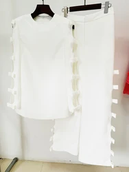HIGH STREET Newest 2026 S/S Designer Runway Suit Set Women's Long Sleeve Hollow Out Bow Blouse Tops Wide Leg Pants Set 2pcs