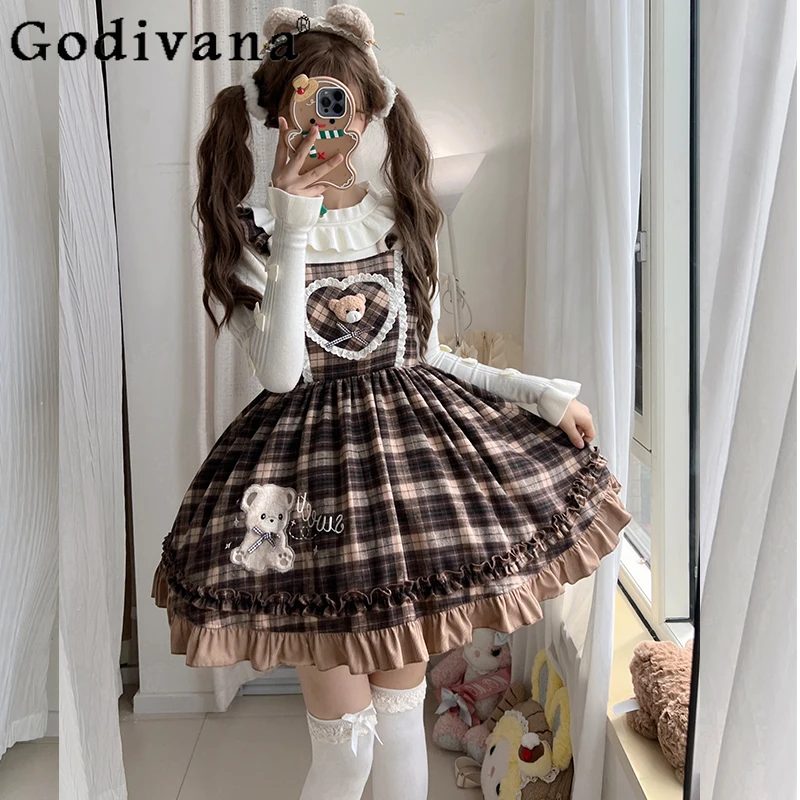 

Original Cute Girl's Sweet Lolita Plaid Sling Dress Sweater Set Autumn Winter 2025 Women's Bear Print Birthday Party Dress Set
