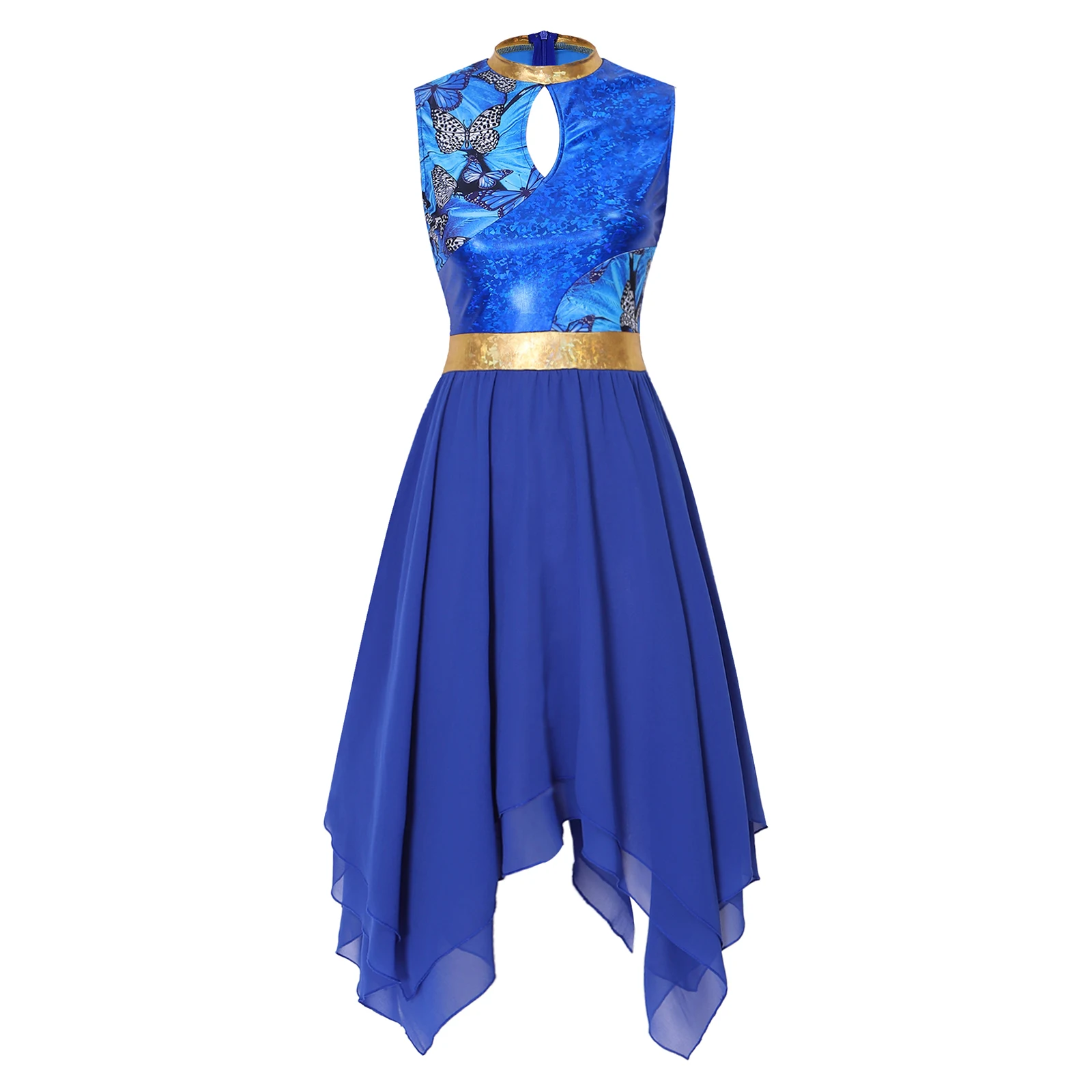 Damen-Lyrik-Tanzkleid, Kostüm für Gottesdienste und Lobgesänge, mit Metallic-Print, aufgesetztem Oberteil, Schlüssellochausschnitt vorne, ärmellos, unregelmäßiger Saum, Tunika-Kleid. – Detail 18