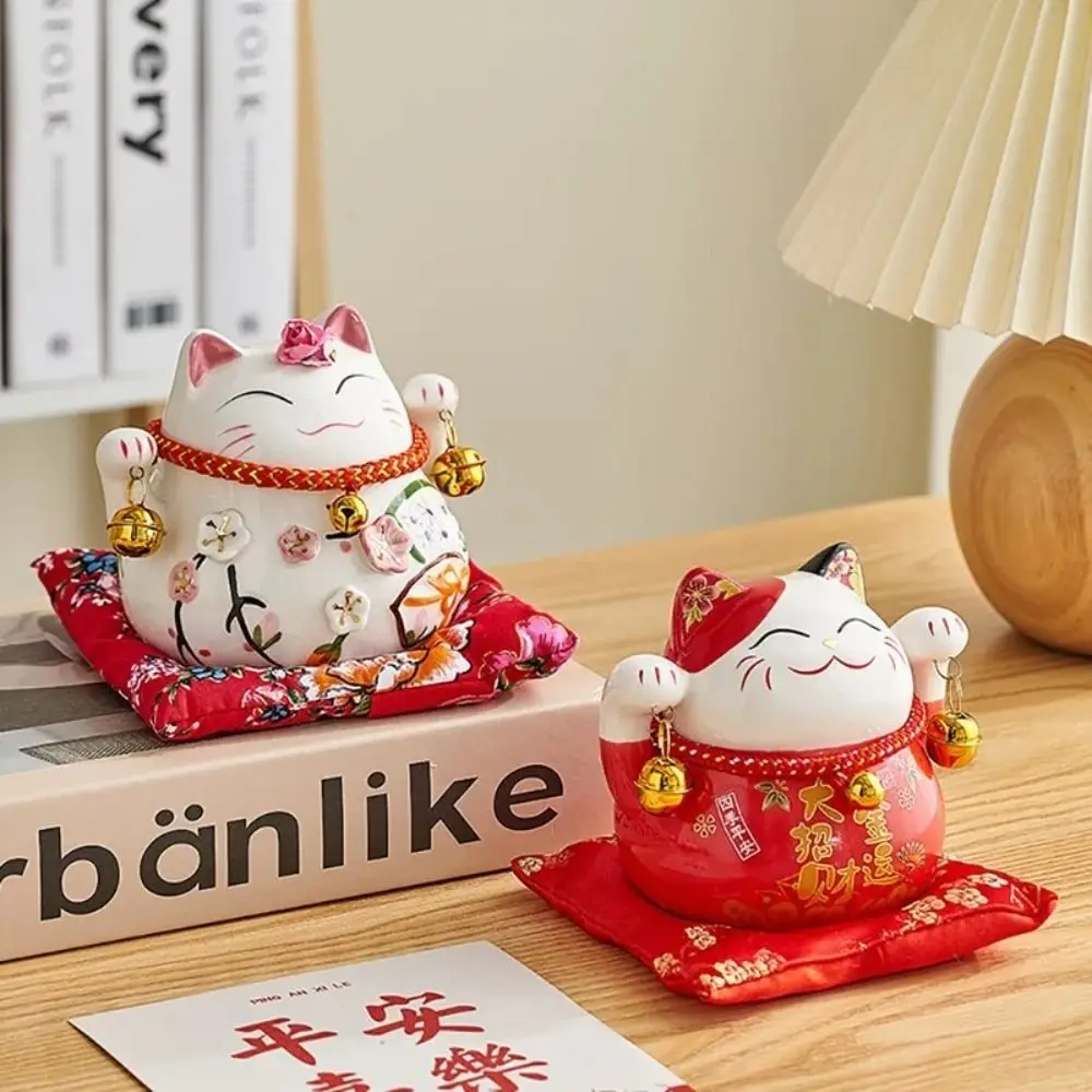 

Ornament Ceramic Cat Money Bank Bell Chinese Style Fortune Cat Piggy Bank Lovely Modern Kitten Statue Home