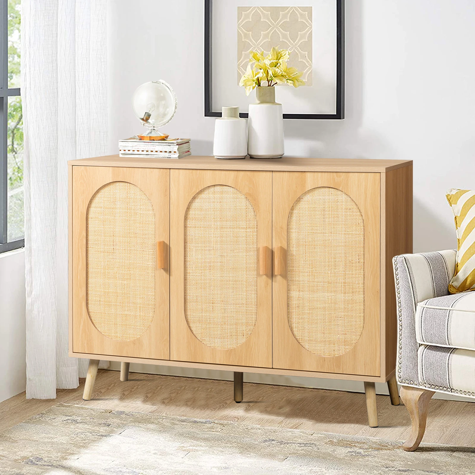 Modern Rattan Shoe Storage Cabinet with 3 Doors and Adjustable Shelves, Accent Cabinet for Living Room, Bedroom, Hallway