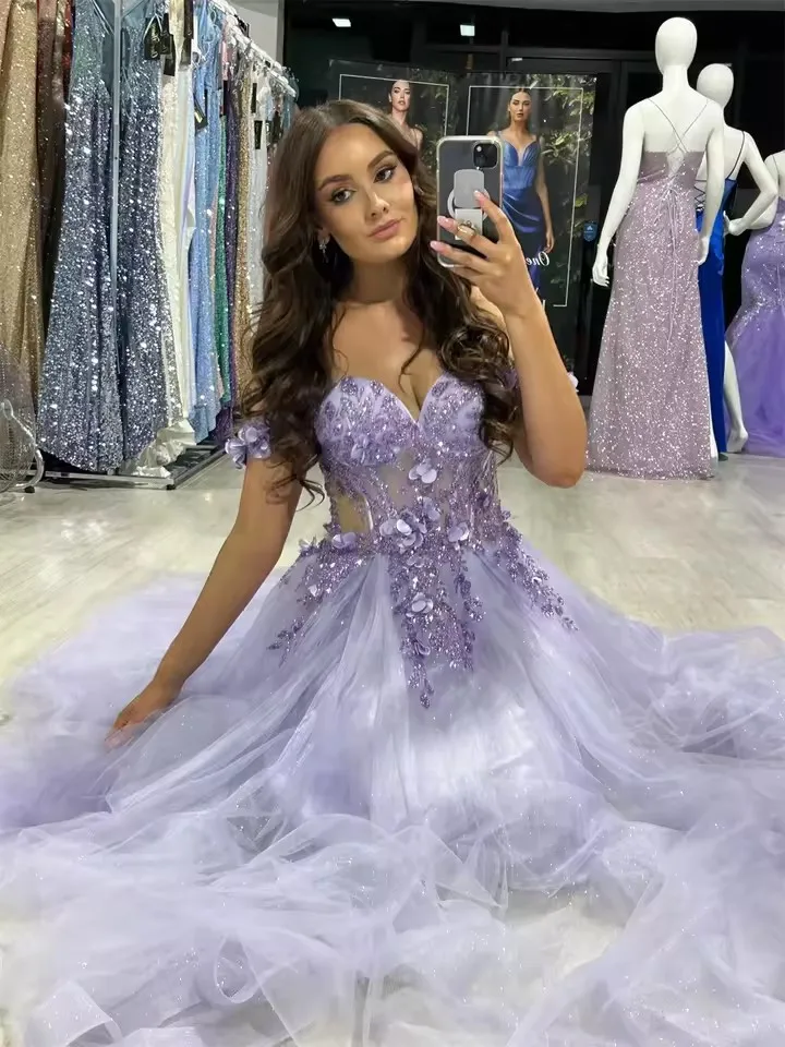 Shiny Lilac  Glitter Tulle Prom Dresses 3D Decal Fairy Wedding Dress A-line Corset Wedding Party Dresses Vestidos De Noche