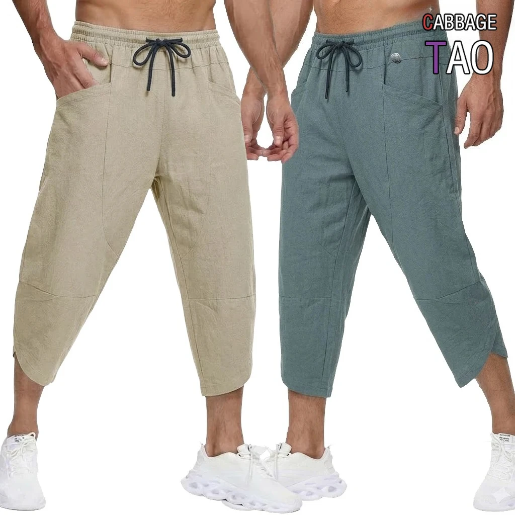 

Мужские летние льняные брюки однотонного цвета, повседневные дышащие брюки свободного кроя и легкие хлопковые брюки для активного отдыха и походов
