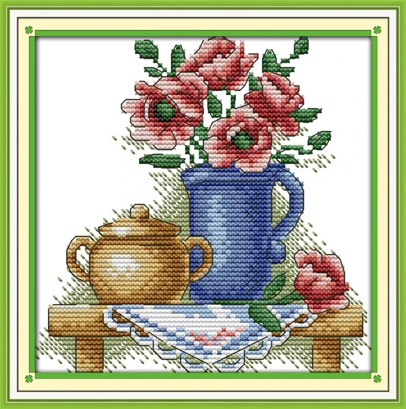 

Joy Sunday New Stamped Cross Stitch Kit,11/14/16CT DIY Easy Pattern Aida Fabric Embroidery Set-The Teapot with Flowers (4)