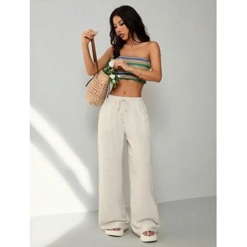 

Casual Pure Color Straight Leg Pants Versatile Basic Fit Trousers Ci Walk Vintage Sle Nine Points Length Elastic Fiber