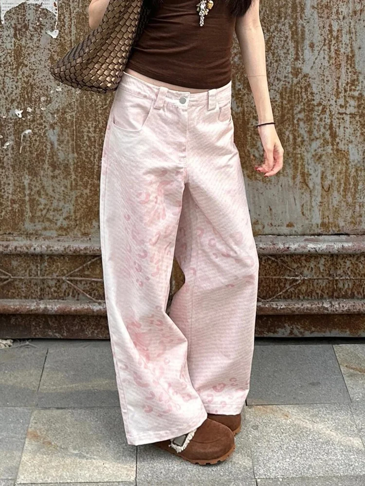 レトロアメリカンピンクヒョウ柄ゴールドエメッドカジュアルパンツ女性のスパイシーデザインワイドレッグフロアレングスパンツ