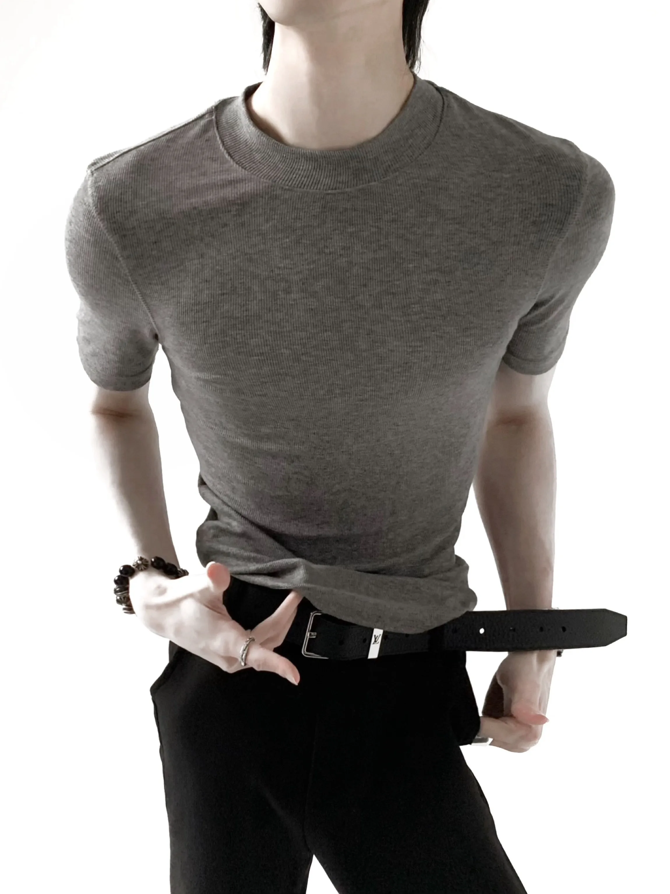 Cooling Wool Slim Fit Short Sleeve Knitted T-Shirt Men's Fitness Wear Breathable Comfortable round Neck Top Clean Fit Style