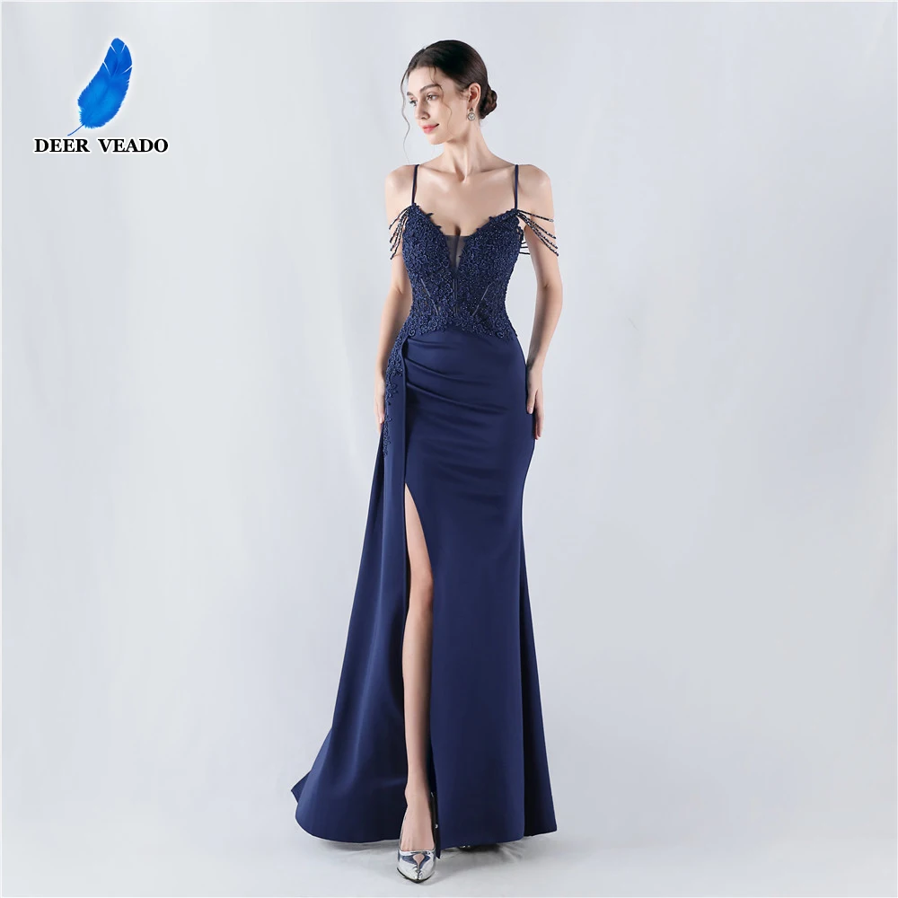 DEERVEADO 7 Candy Colors Luxury Beading Evening Dresses Elegant Party Dresses Woman Mermaid Strap Formal Occasion Dress Long