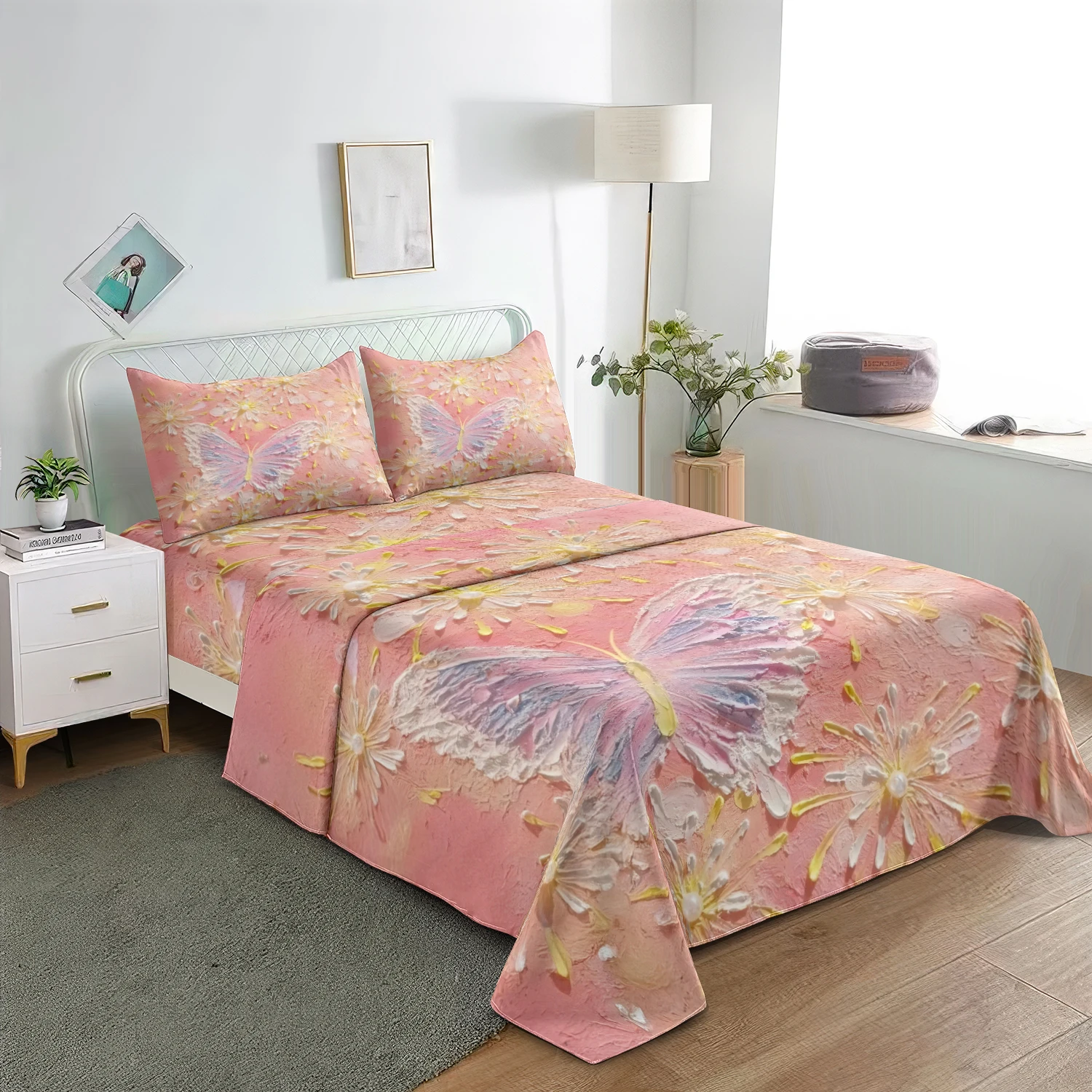 4Pcs Pink Oil Painting Butterfly Daisy Fitted Sheet Set, Pink Base Textured Butterfly & Floral Print Flat Sheet Fitted Sheet