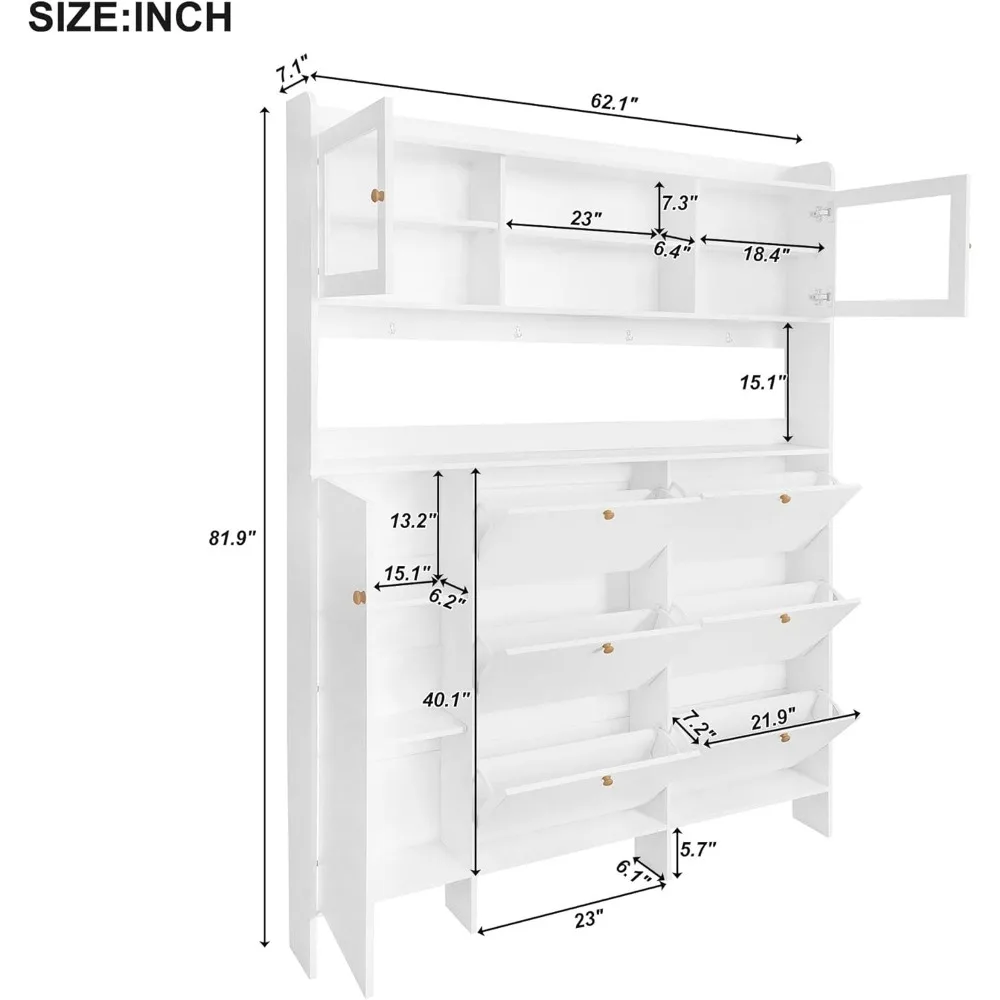 Multifunctional Shoe Cabinet with 4 Hooks, Storage Shelf & 6 Flip Drawers, Modern Large Hall Tree, Tempered Glass Doors