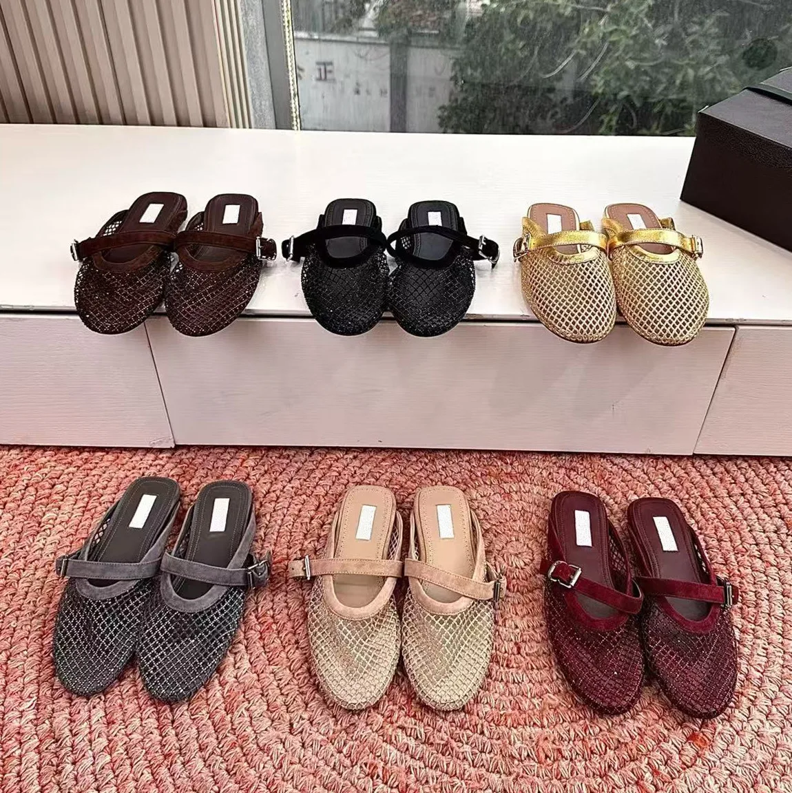 Genuine leather breathable mesh toe half slippers for women 26 summer new style, worn with a straight strap, Mary Jane cool mop