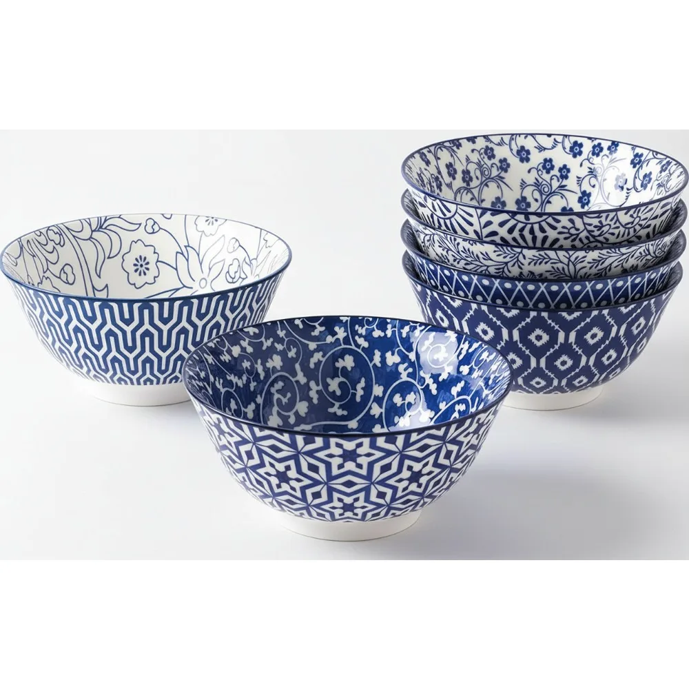 

Vintage Blue and White Porcelain 20oz Cereal Bowl Set of 6, Microwave Safe Ceramic Bowls for Soup, Salad, Pasta - Family Dining