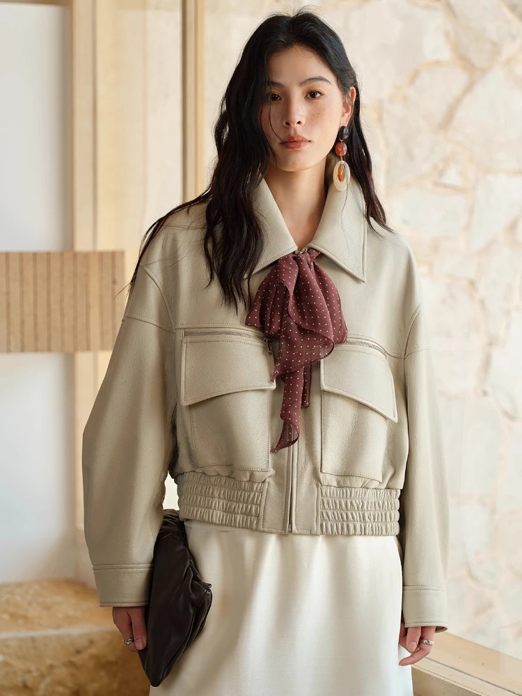 

Casual Genuine Leaether Jackets for Women Spring Autumn 2026 High-end Simple Deer Texture Slim Short Real Goatskin Leather Coat
