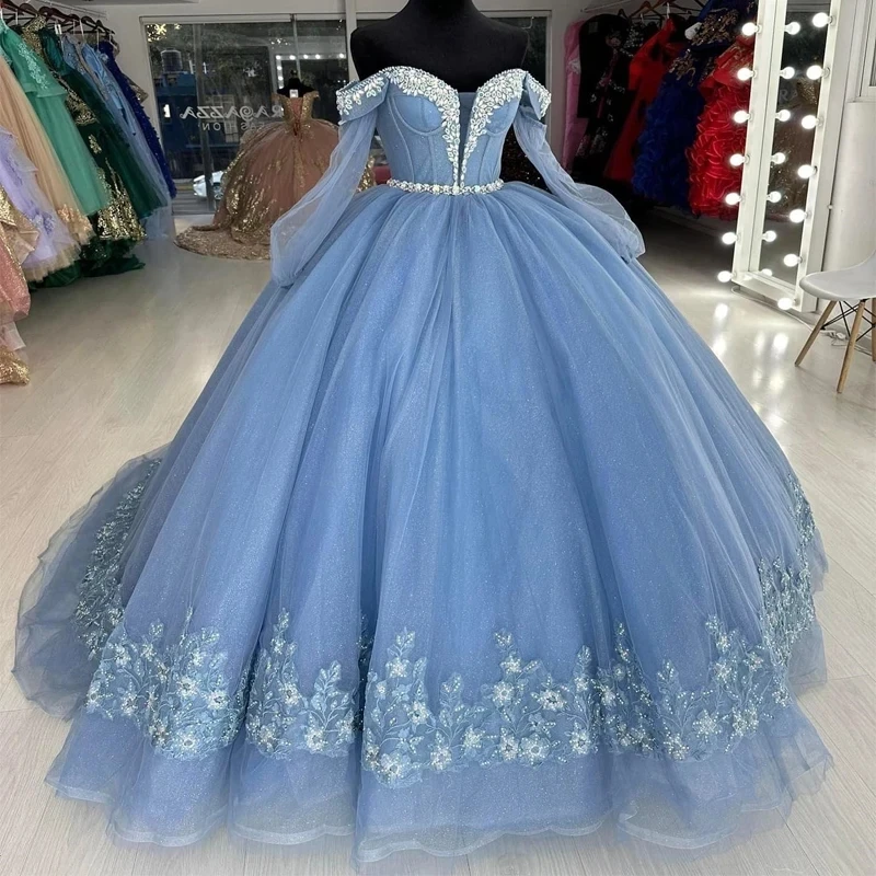 

Sky Blue Quinceanera Dresses 2024 Beaded Crystal Sequined Applique Lace Tull Sweet 16 Dress Ball Gown Lace Up vestidos de 15años