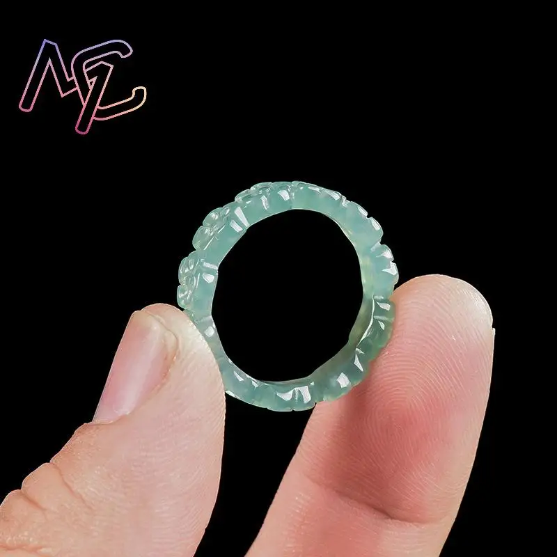 Blue Myanmar Jadeite Flower Ring Talismans Gifts for Women Men Fashion Gemstone Luxury Real Burmese Jade Stone Charm Amulet