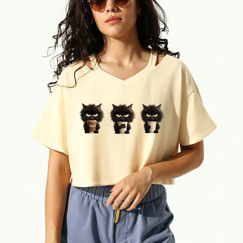 Kurz geschnittenes T-Shirt für Damen mit lustigem Kaffee-Katzen-Print, sexy Kurzarm-Crop-Top mit V-Ausschnitt für den Sommer, Damenbekleidung