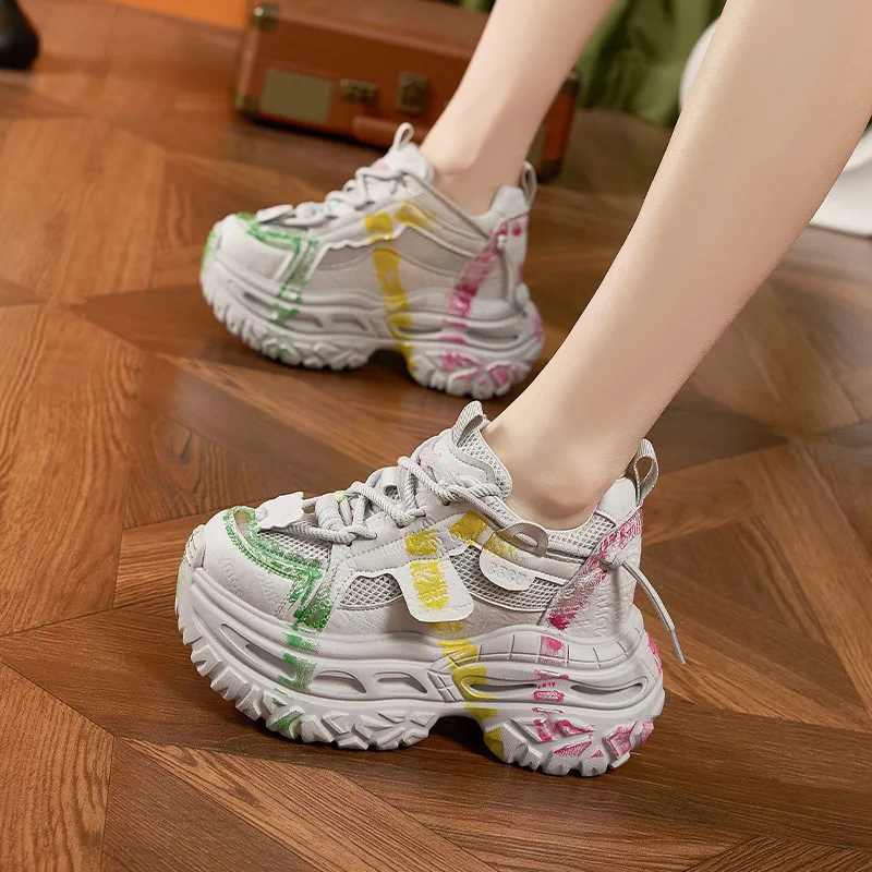 2026 Spring Summer Women's 9CM Platform Dad Shoes Hand-painted Graffiti Sneakers Hollow Mesh Breathable Height Increasing Shoes