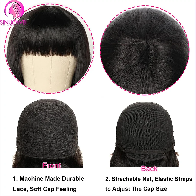 Short Straight Bob Wig With Bangs Brazilian Human Hair Bob Wigs Remy Full Machine Made Wig for Women Non Lace Glueless Bob Wig image 3