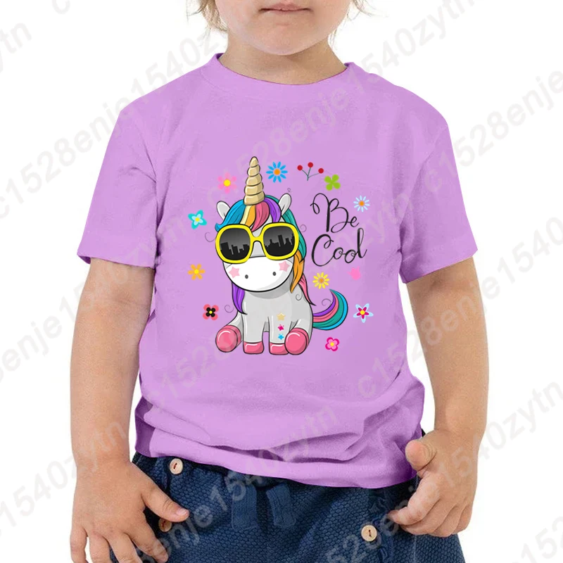 

Cute Cartoon Unicorn Be Cool Print T-shirt Children Girls Summer Casual Tees Kids Loose Soft T-Shirt Fashion Crew Neck Tee Shirt