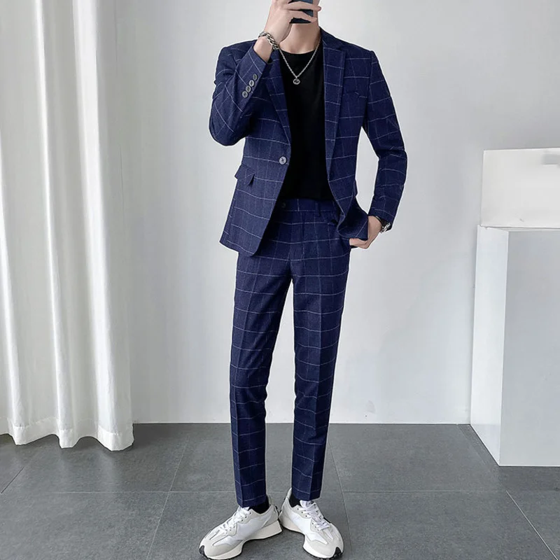 Luxury Light Suit For Men 2022 New Lattice Trend Casual Handsome Two-piece Set Spring Tide British Wedding Dress 2Y2872