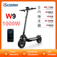 iScooter W9 1000W Electric Scooter EScooter 48V 13Ah 35-45km Range 10inch Inflatable Tires Speed 45km/h rear Disc Brake With App