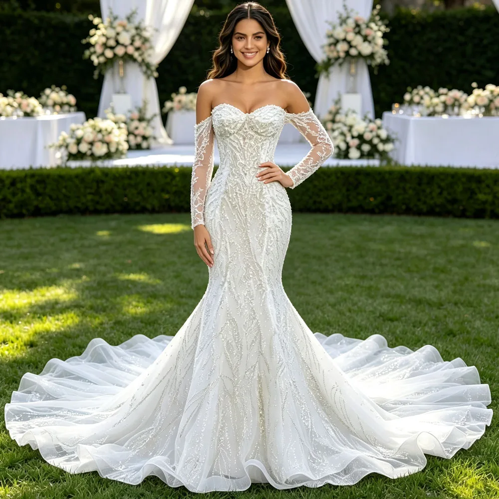 Elegant Sweetheart Long Sleeves Lace Up Back Wedding Dress Sequined Beading Bridal Dress Customized