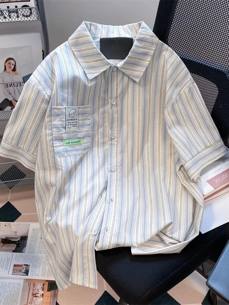 

Zoki Cute Women Striped Shirts Japan Vintage Loose Dog Print Kawaii Blouse Casual Preppy Style Short Sleeve Summer Sweet Tops