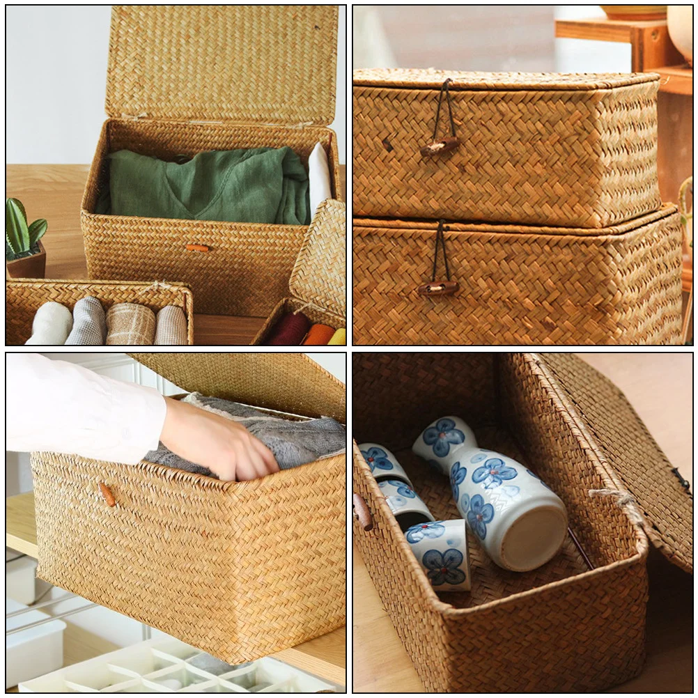 

2 PCS Storage Box Woven Basket Laundry Baskets Toy Natural Seaweed Baby Rectangular