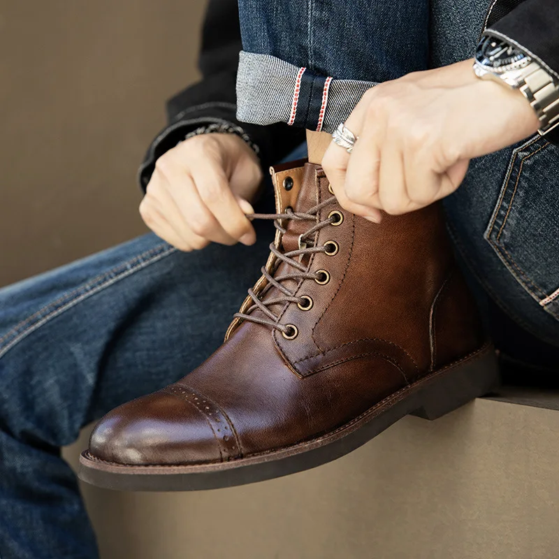 Men Boots 2025 American style Comfortable Fashion Leather Boots Lace up men's short boots motorcycle boots