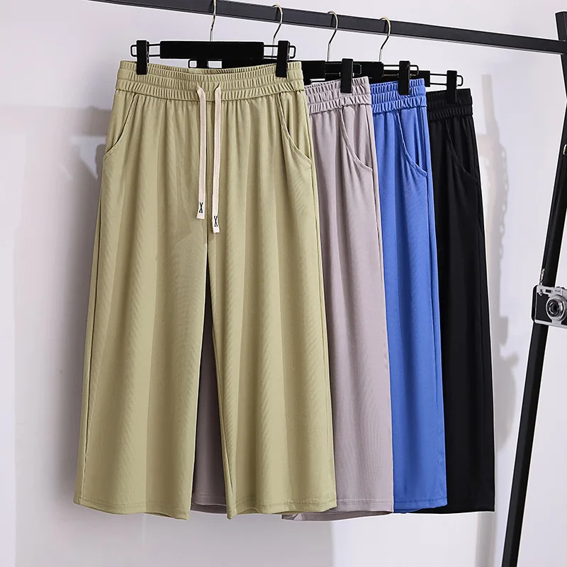 

155Kg Plus Size Women's Summer Loose Straight High-Waisted Ice Silk Cropped Pants Hip 150 5XL 6XL 7XL 8XL 9XL 4Colors