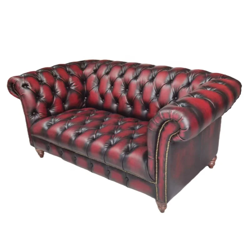 #Chesterfield Sofa Oxblood Red Leather Tufted Backrest Nailhead Trim Rolled Arms Bun Feet Vintage Living Room Furniture
