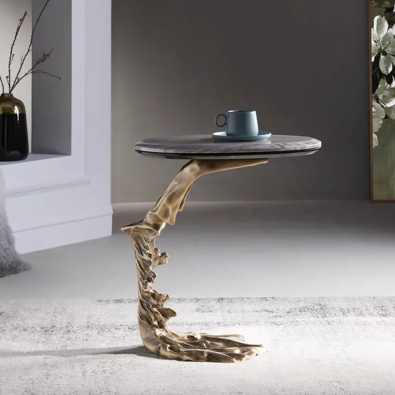 Artistic flowing metal bottom side table with natural marble top - stainless steel and stone fusion