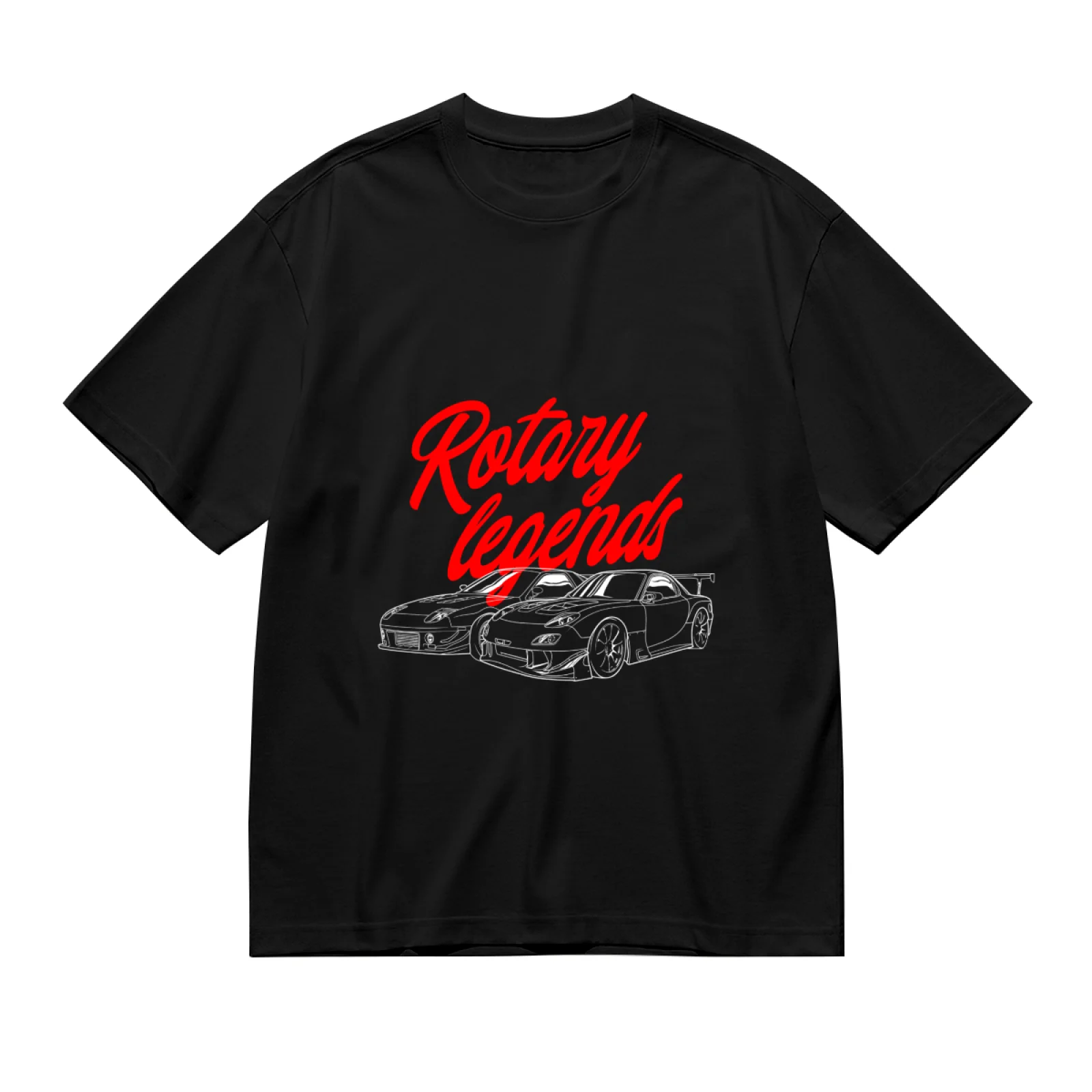 JDM Racing Anime Style T-Shirt Rotray Legends Red Logo with RX-7 FD & G35 Outline Design, Unisex Short Sleeve Car Lover Shirt, Perfect Gift for Men