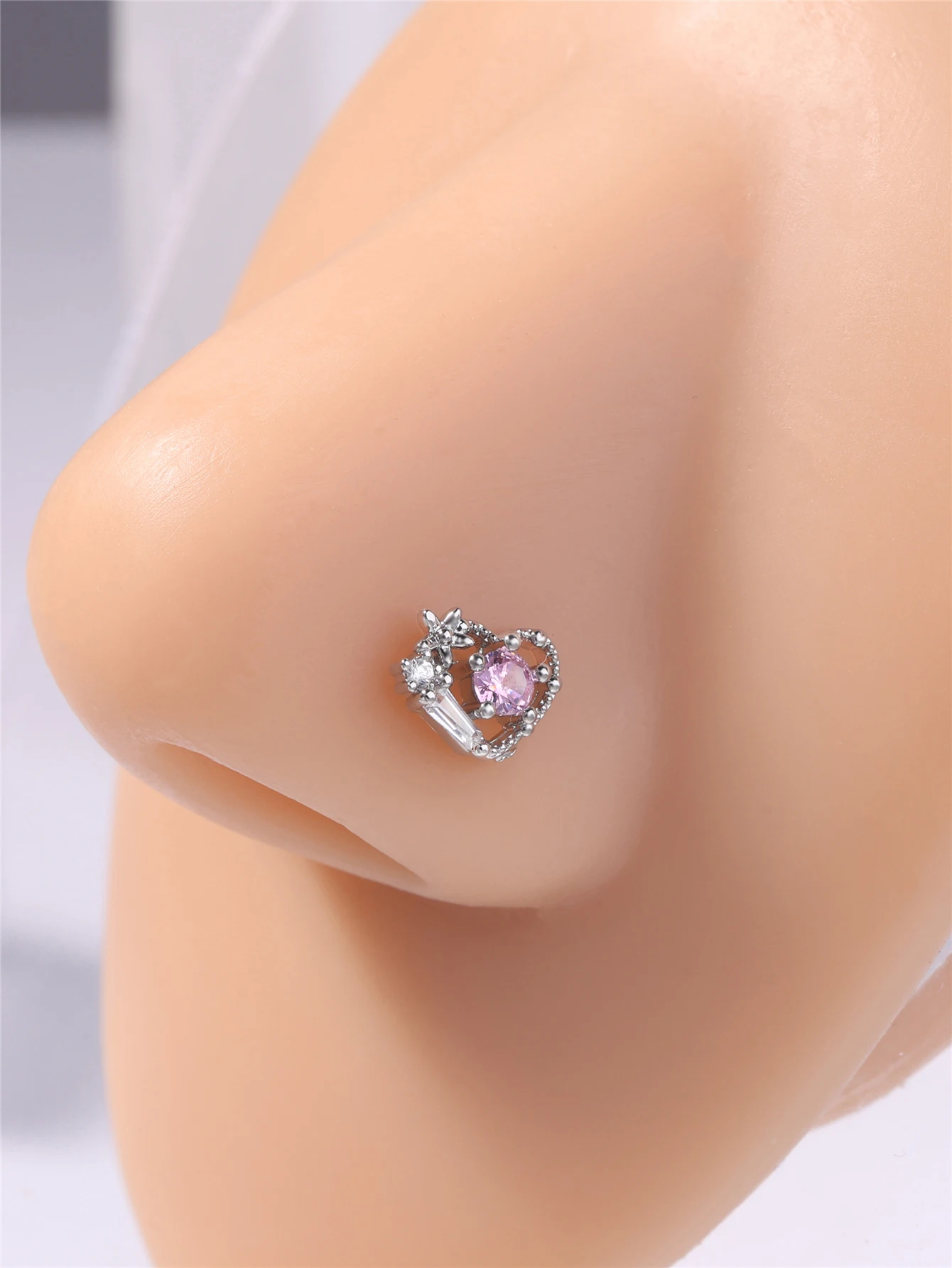 20G L Shaped Nose Studs Rings Cute Pink Heart CZ Shiny Love Stone Gold Silver Color Nose Piercing for Women Girl Nostril Jewelry