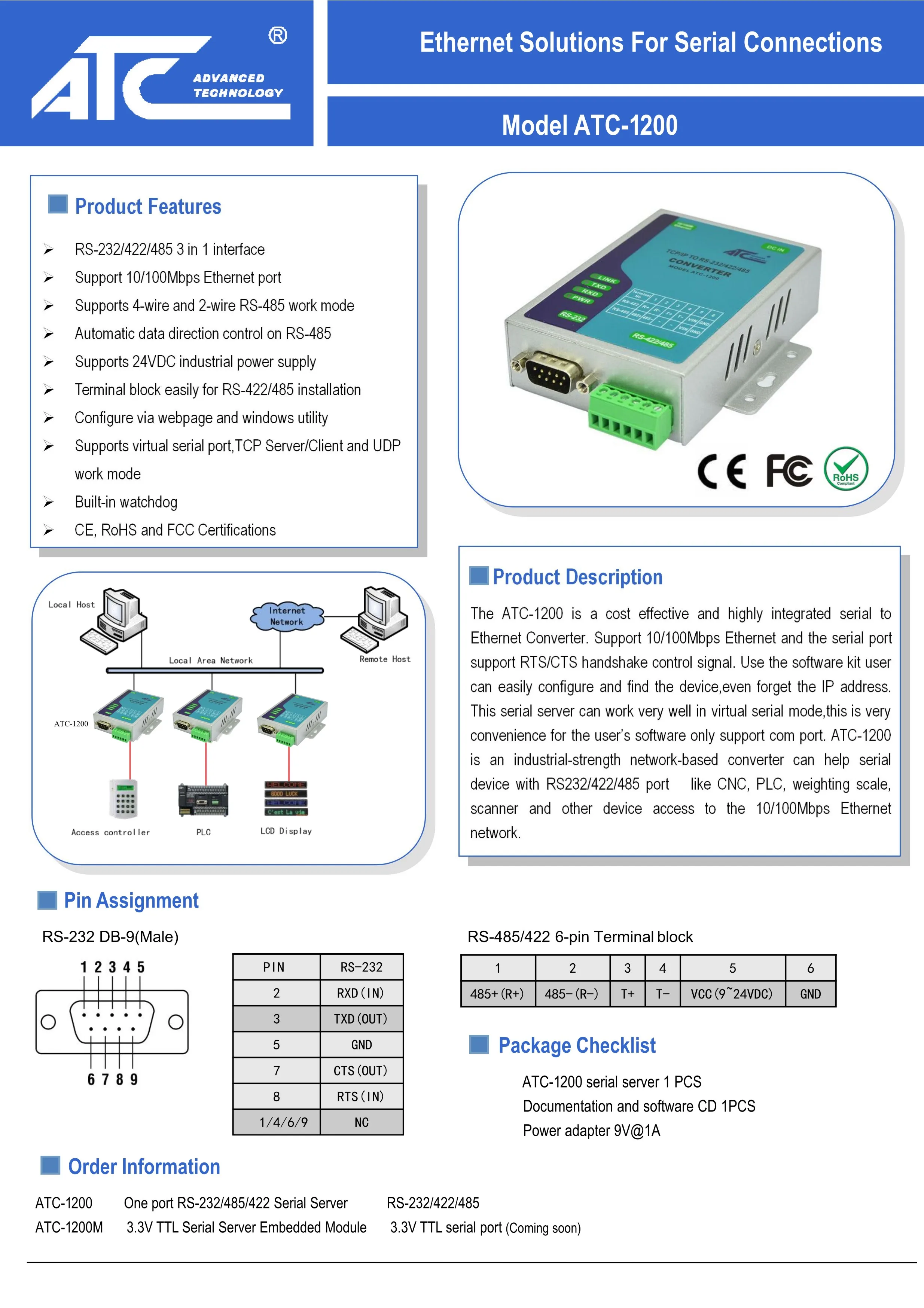 

Последовательный порт Ethernet к RS232 (ATC-1200)