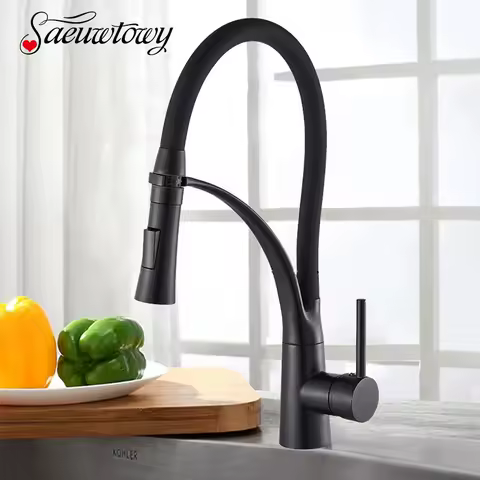 Chrome Pull Down Kitchen Faucet with Black Hose Deck Mounted Hot and Cold Water Mixer Sink Tap Swivel Kitchen tap