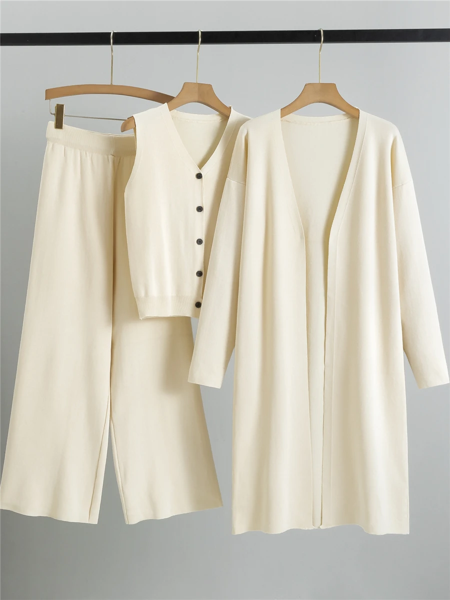 

Осенне-зимний вязаный свитер, жилет с высокой талией, утягивающие длинные брюки, комплект из футболки, длинный свеч V Ne Faionable, женский комплект...