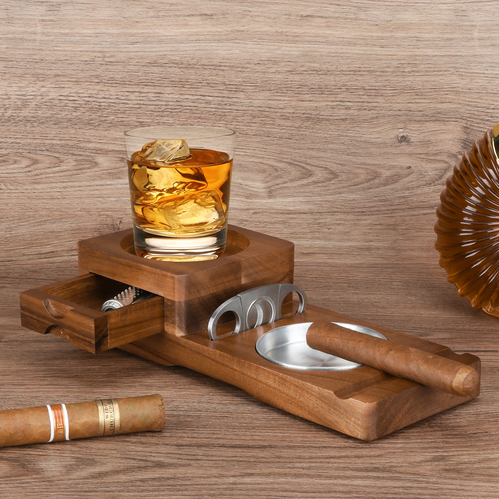 Scotte Cigar Ashtray for Men, Whiskey Glass Tray, Wooden Ash Tray, Cigar Cutter, Include Drawer, Cigar Slot, Accessories