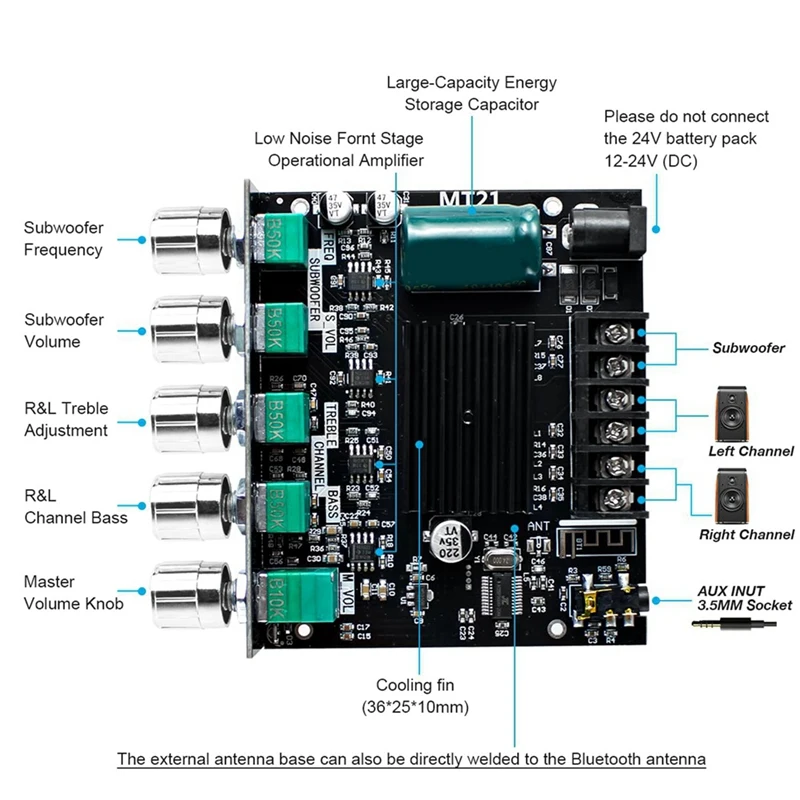 오디오 증폭기 보드 Bluetooth 50W×2+100W 2.1 채널, 고음 및 저음 제어 기능 포함 DIY 스피커 홈 시어터