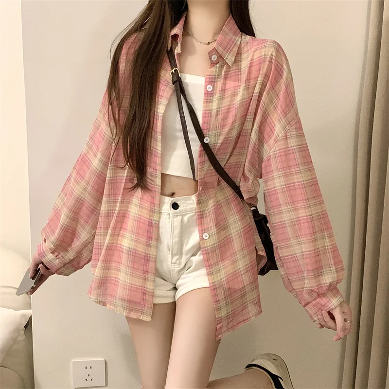 Rosa Kariertes Hemd Frauen Sheer Chiffon Langarm Kragen Button Up Bluse Top Weibliche Sommer Lose Dünne Karo Shirts