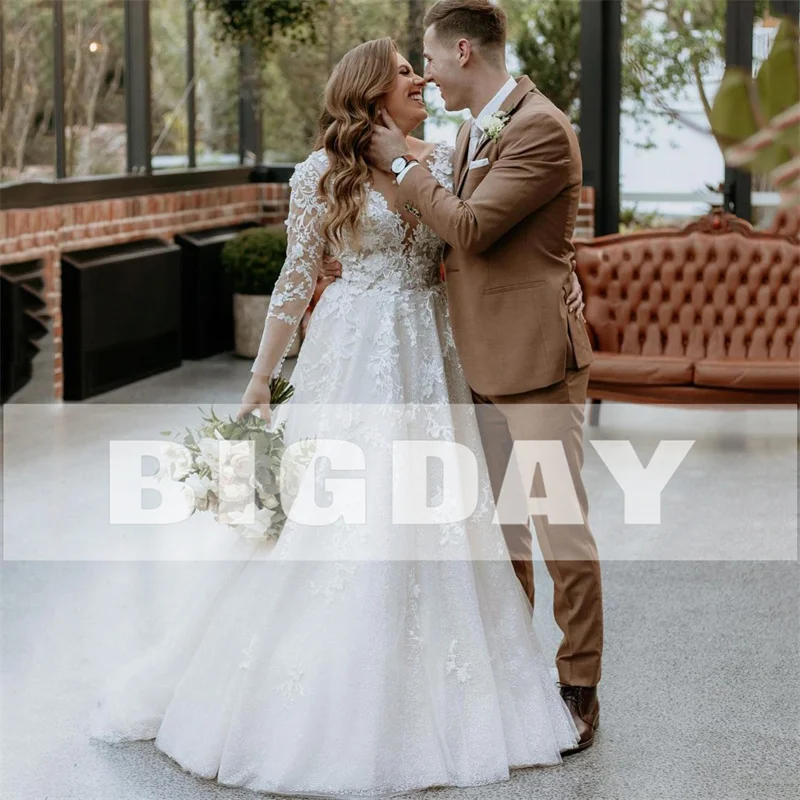 Vestidos De novia elegantes De línea A, vestido De novia blanco De talla grande, encaje con cuello en V, manga larga, tul, espalda abierta, tren De