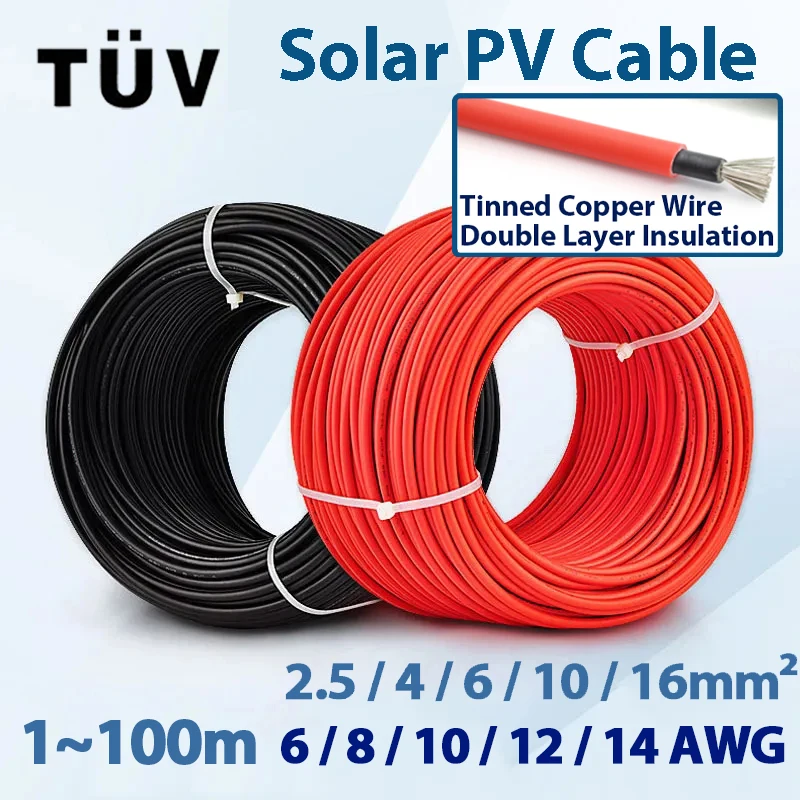 Solar Power Cable 4mm2 6 10 14 12AWG Wire PV Photovoltaic Cable TÜV TUV Cable For PV Panels Connection Red Black Jacket 5/10/20m