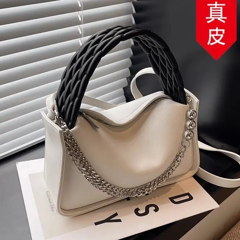 Cow Leather Fashion Temperament Boston Handbag Package Women New 2025 Small Square Bag High-grade Niche Bowling Crossbody Bag